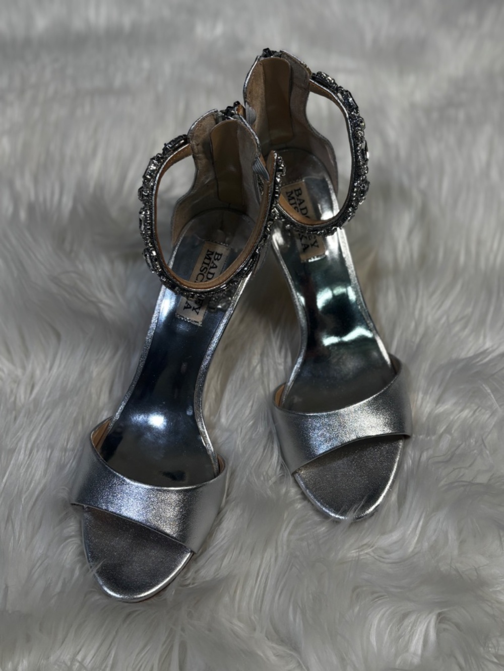 EUC [Badgley Mischka] Silver + Rhinestones Bridal Stiletto 3.5" High Heels | 7 - Picture 8 of 12